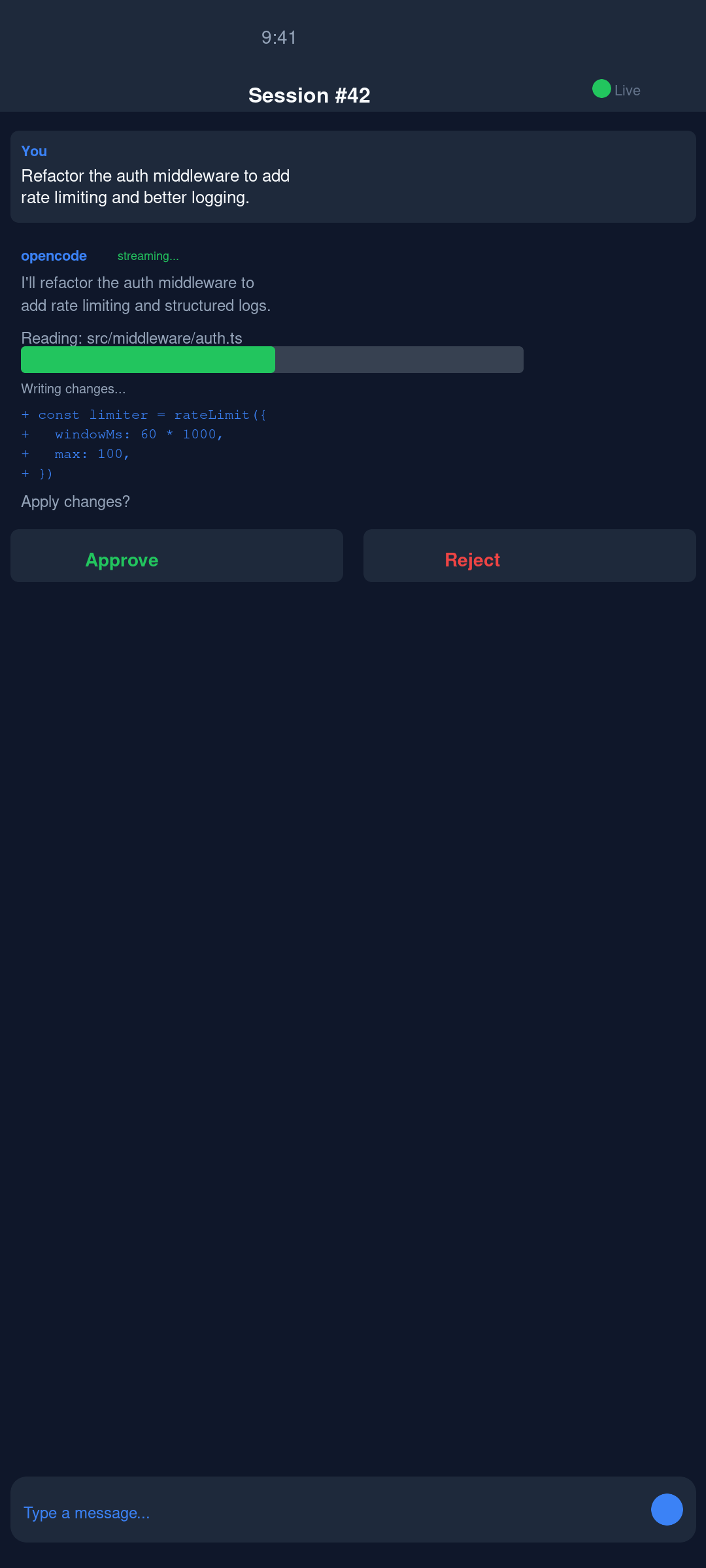 Chat screen with diff viewer
