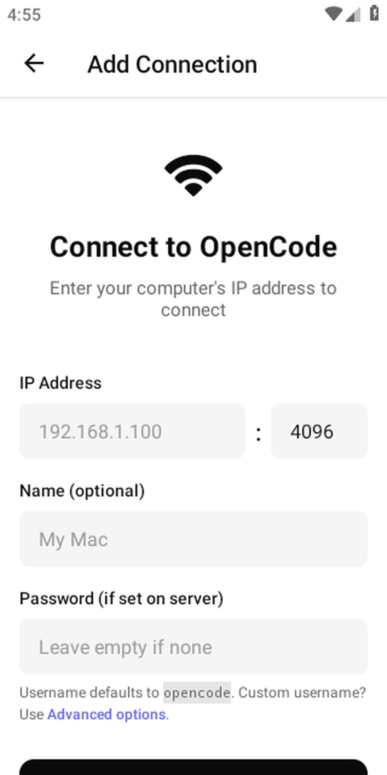 OpenCode Mobile: add connection screen — enter your opencode server URL
