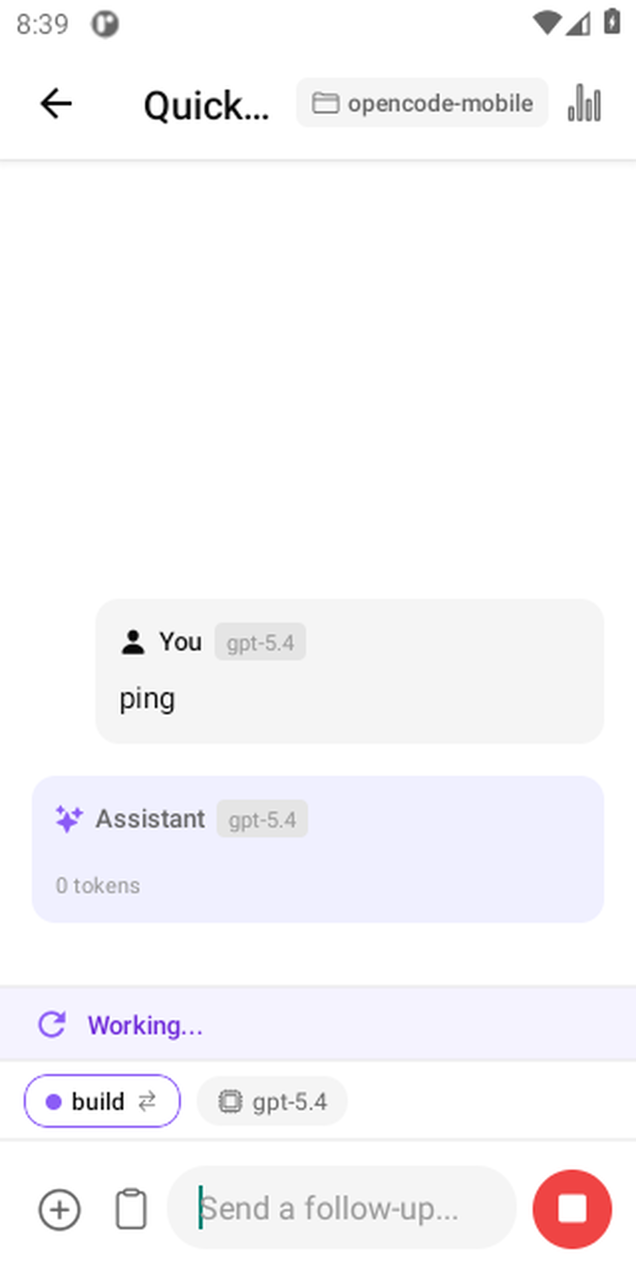 OpenCode Mobile streaming AI response in a coding session