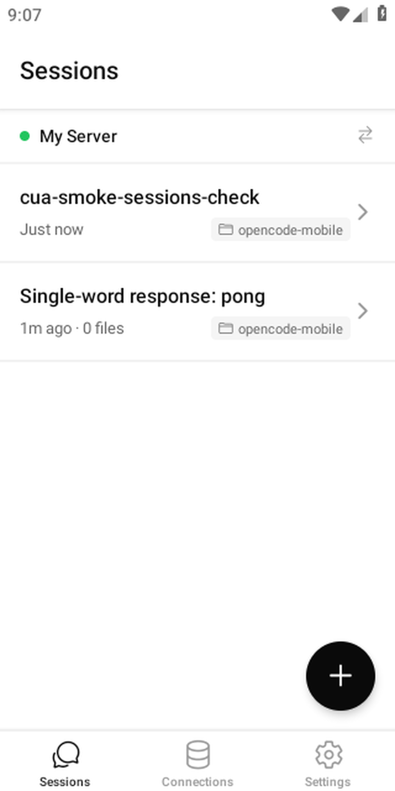 OpenCode Mobile sessions list after connecting to opencode serve