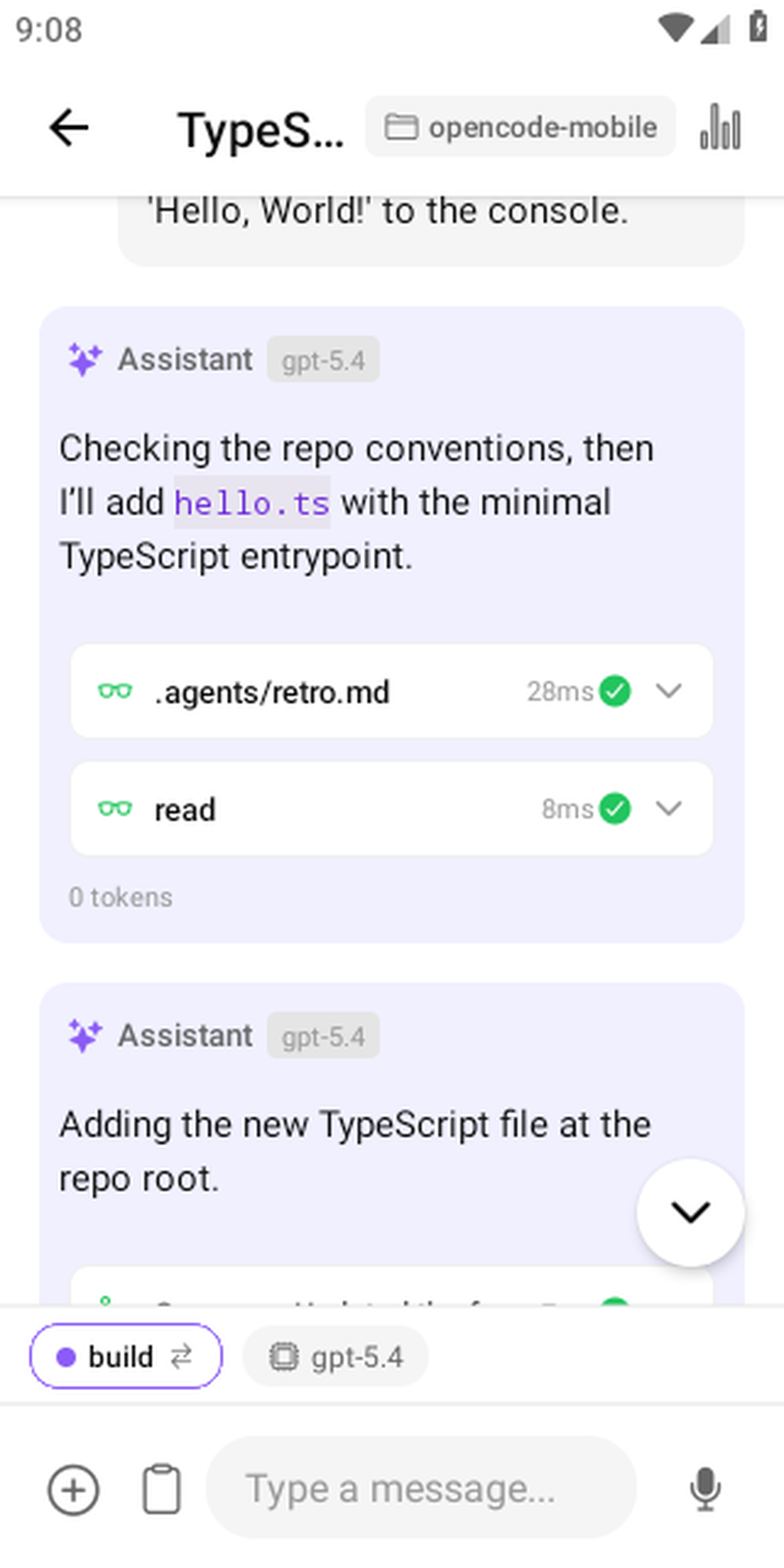 OpenCode Mobile streaming AI response in a coding session