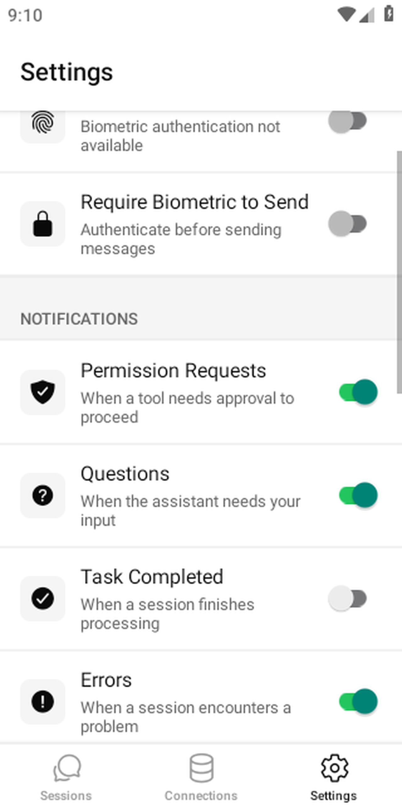 OpenCode Mobile sessions tab showing loaded sessions after navigating back