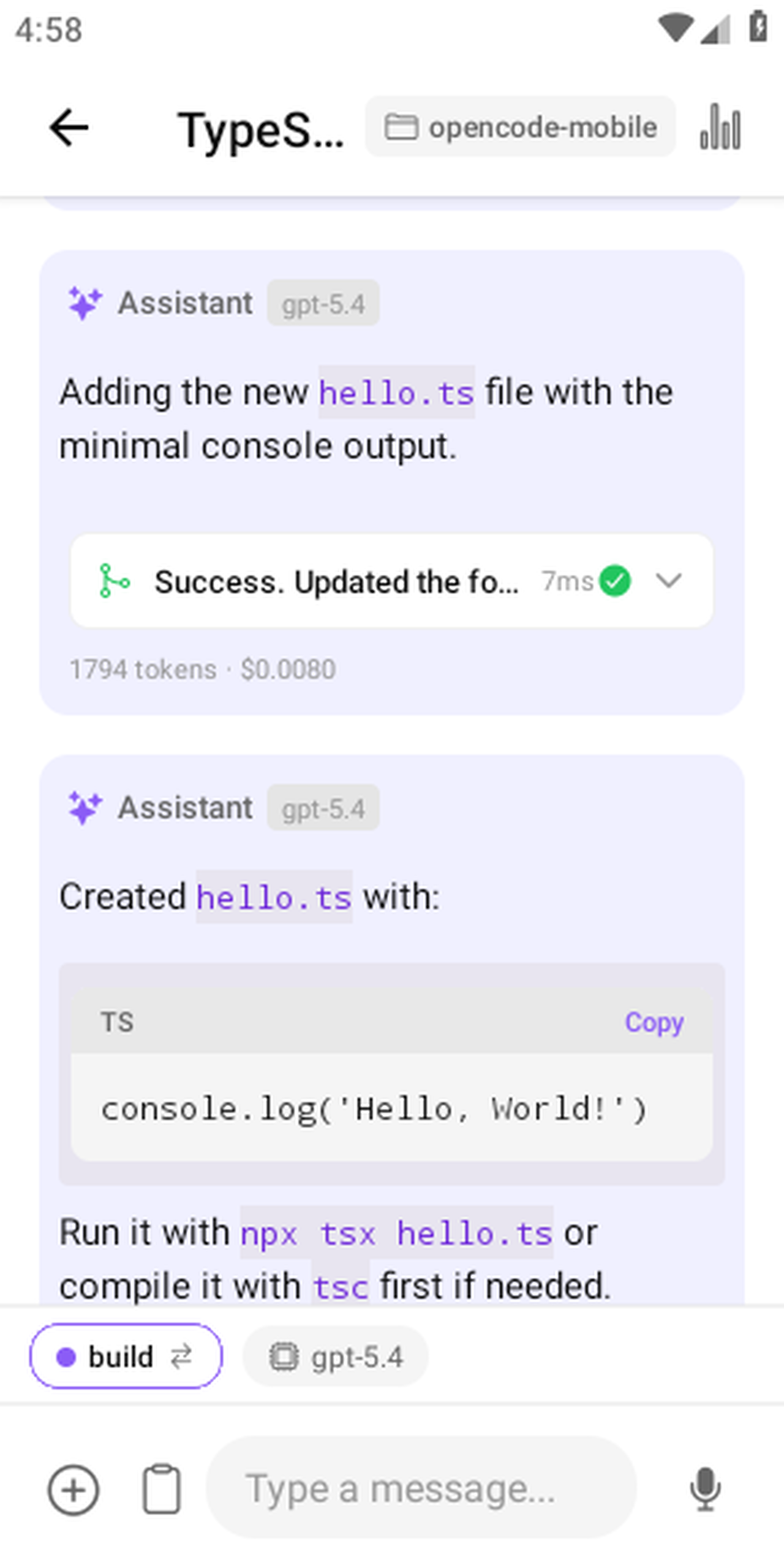 OpenCode Mobile streaming AI response in a coding session