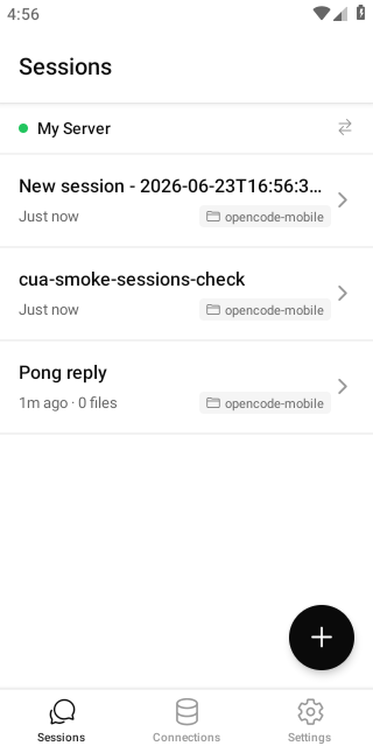 OpenCode Mobile: session chat view, message sent to AI agent