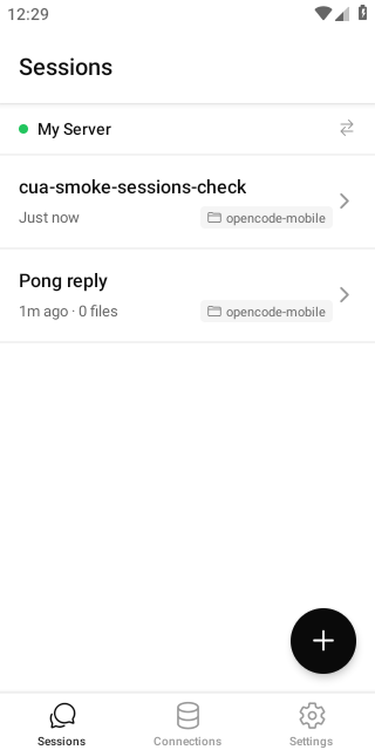 OpenCode Mobile sessions list after connecting to opencode serve