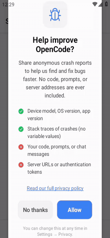 OpenCode Mobile demo: connect to opencode serve, start a session, stream AI responses
